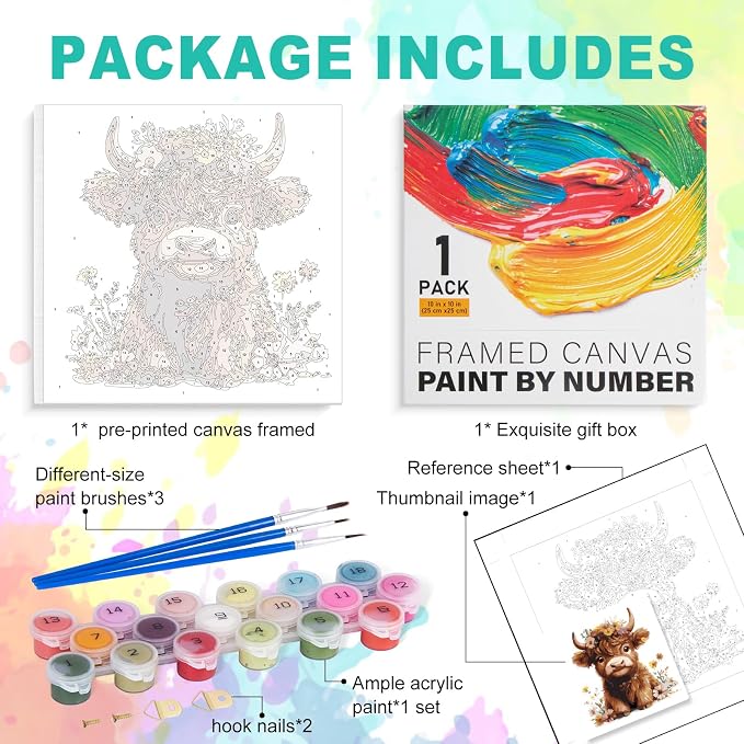 GEEHEIY Framed Paint by Numbers Kit for Adults, Highland Cow, 10 x 10 Inch | DIY Adult Paint by Number Kit for Beginners, Farmhouse Wall Decor, Stress Relief Craft Gift, Creative Hobby