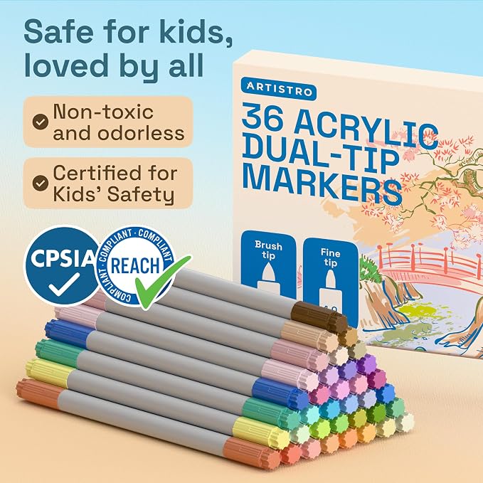 ARTISTRO 36 Pastel Dual-Tip Acrylic Paint Marker Pens for Drawing | For Fabric, Rock, Glass, Wood, & Molds, Arts & Crafts Gift for Adults, Teens, & Kids, Classroom Must Haves & School Supplies