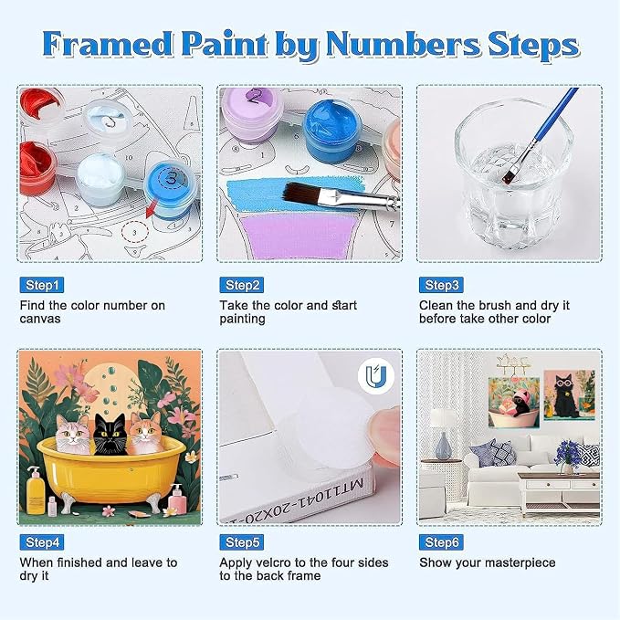 Canrichshop 4 Pack Cat Paint by Numbers for Beginner,Black Cat Adult Paint by Number Kits on Canvas Framed, DIY Number Paintings for Adults for Wall Home Decor 8X 8 inch