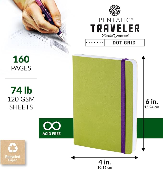 Pentalic 4 x 6" Pocket Dot Grid Traveler Journal, 160 Pages, Olive Green