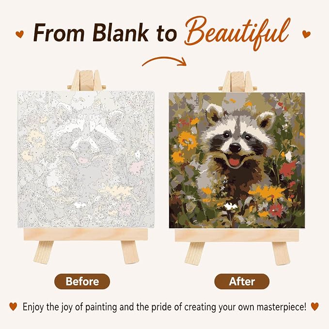 AUKELHJ Framed Paint by Numbers Kit for Adults, Raccoon, 10x10 inch