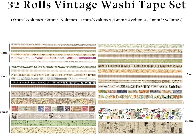 32 Rolls Vintage Rainbow Washi Tape Set Aesthetic Decorative scrapbook Tape