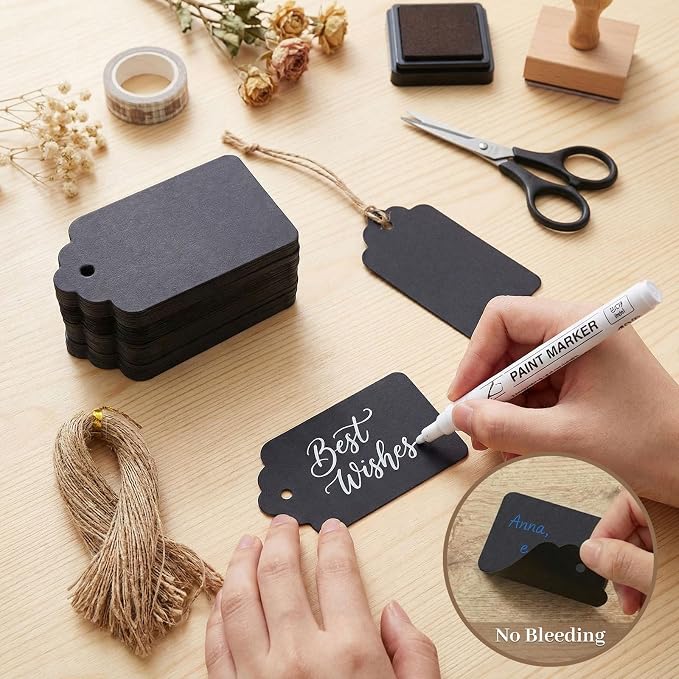 SALLYFASHION 100PCS Gift Tags with String Attached, 1.5X2.8 inch Black | Gift Tags Paper Black Labels for Clothes, DIY Crafts Wedding Holiday