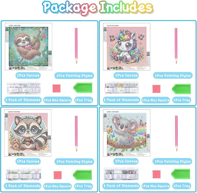 cviokrdu 4 PCS Diamond Art Kits for Kids, Animal Diamond Art for Kids Ages 4 8 12, Cute Sloths Koalas Raccoons Gem Art Kit Crafts Beginners for Gift Home Wall Decor(6x6inch)