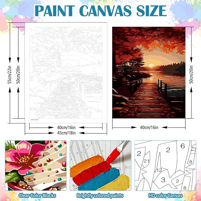 LKHMVCA Fall Landscape Bridge Leaf Paint by Number Kits for Adults, DIY Paint by Numbers Kits for Adults Beginners Without Frame, Acrylic Paint Canvas Painting Kits Art for Home Decor 16x20 Inch