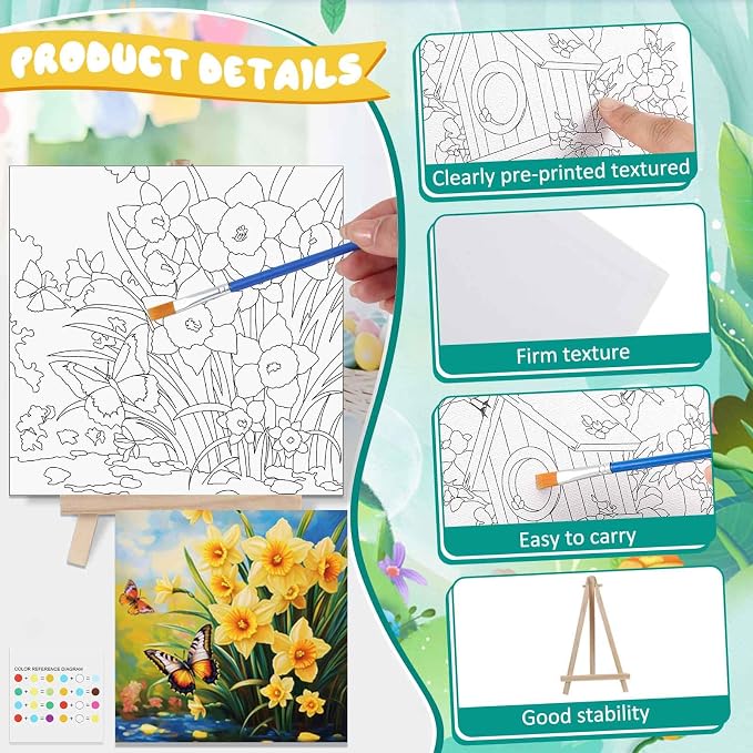 Tenceur 12 Sets Pre Drawn Canvas to Paint Adult Stretched Coloring Painting Canvas Panels with Design Easel and Brushes for Party Supplies Beginner Favor(Garden)