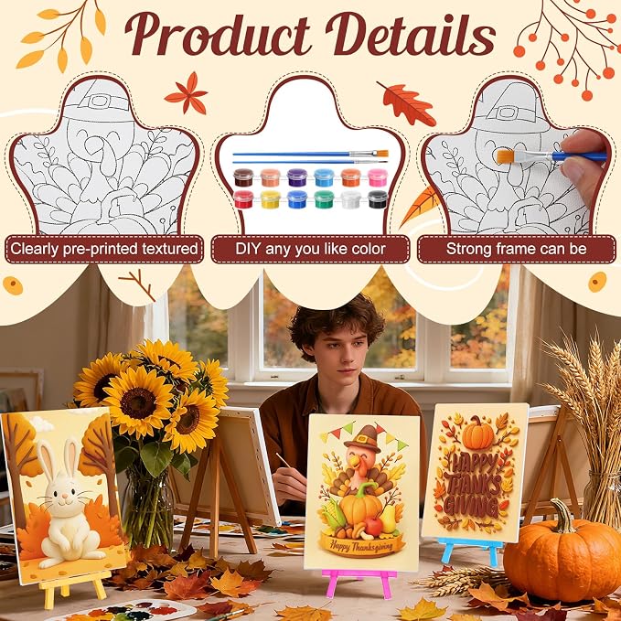 Blosssound 24 Pack Fall Pre Drawn Canvas Painting Kit 5 x 7 Inch Pre Printed Canvas to Paint with Easel, Paint Pots Brushes Stretched Panels Bulk for Adult Autumn Thanksgiving Sip Party Student DIY