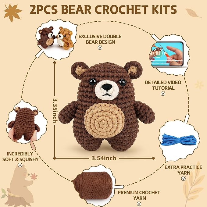 Crochet Kit for Beginners - Bear Crochet Kits, Beginner Crochet Kit for Adults, Crochet Animal Kit for Starters with Step-by-Step Video Tutorials, Knitting Bears with Squishy Hip Design