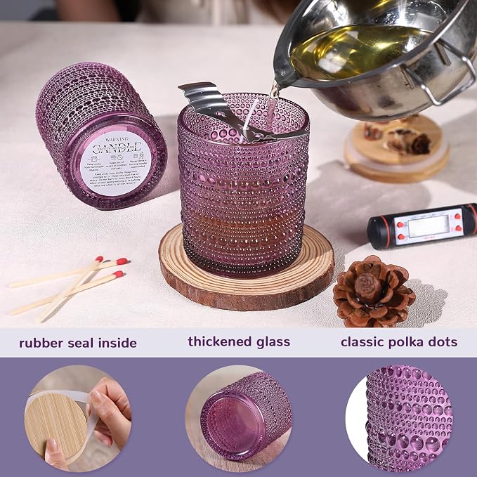DARJEN 12 Pcs 10 oz Glass Candle Jars with Lids, Candle Tins-Purple | Thick Wall Ribbed Glass, Airtight Wood Lids- The go to candle jar for DIY, thoughtful gifters, growing candle brands