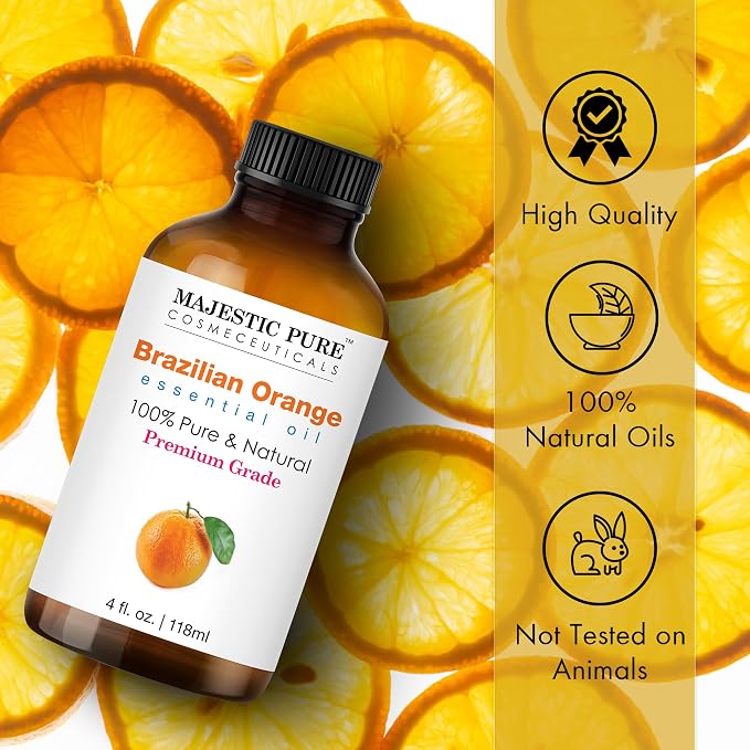 Majestic Pure Brazillian Orange Essential Oil for Diffuser - 4 Fl Oz | 100% Pure and Natural - Essential Oils with Glass Dropper for Aromatherapy, Soap and Candle Making, Massage, Orange Oil