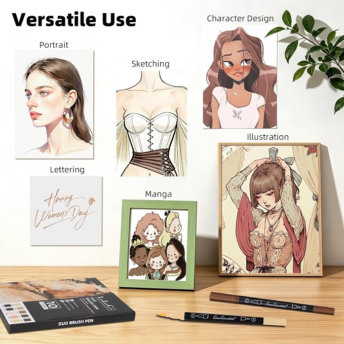 LIULIUCAI 10 Skin Tone Dual Marker, Fine & Brush Tip Pens for Coloring