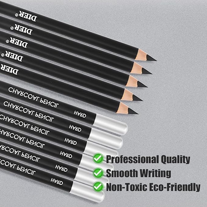 Geyoga 36 Pcs Professional Charcoal Pencils Bulk Classroom Set Soft, Medium and Hard for Drawing Charcoal Pencils for Sketching Shading Drawing Blending Portrait(Black,Assorted)