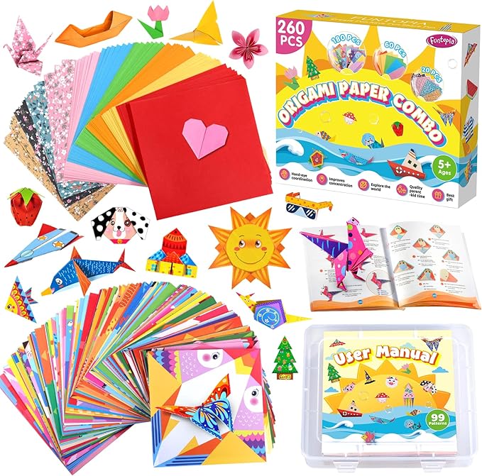 Funtopia Origami Kit for Kids Ages 5-8 8-12, 260 Sheets Origami Paper | DIY Craft Art Projects Supplies for Boys Girls, 99 Patterns and Guiding Book, Travel School Vacation Activities Toy