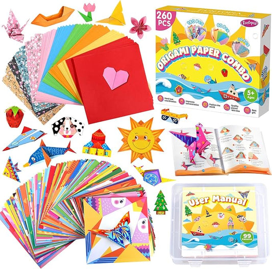 Funtopia Origami Kit for Kids Ages 5-8 8-12, 260 Sheets Origami Paper | DIY Craft Art Projects Supplies for Boys Girls, 99 Patterns and Guiding Book, Travel School Vacation Activities Toy