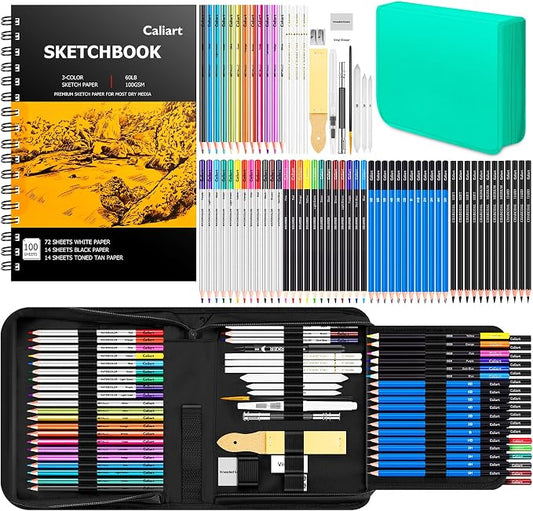 Caliart 176PCS Art Supplies Sketching Kit, 100 Sheets 3-Color Sketch Book | Graphite Colored Charcoal Watercolor & Metallic Pencils, Drawing Supplies Set Gifts for Artists Adults Teens Girls Boys Kids