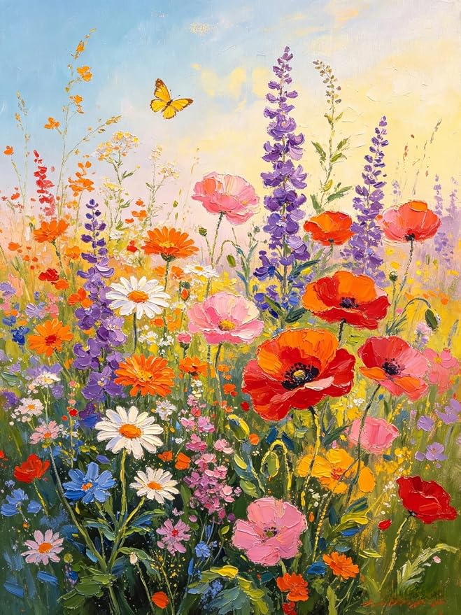 5D Flower Diamond Painting Kits for Adults, Wildflower Diamond Art Kit | DIY Round Crystal Diamond Dot Paint by Number for Floral Wall Decor Present 12x16Inch