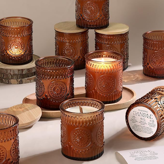 DARJEN 10 Pcs 8oz Glass Candle Jars with Lids, Candle Tins-Amber | Premium Thick Glass, Secure Wooden Lids- Candle Jars for DIY Candle Making, Stunning Sunflower Design