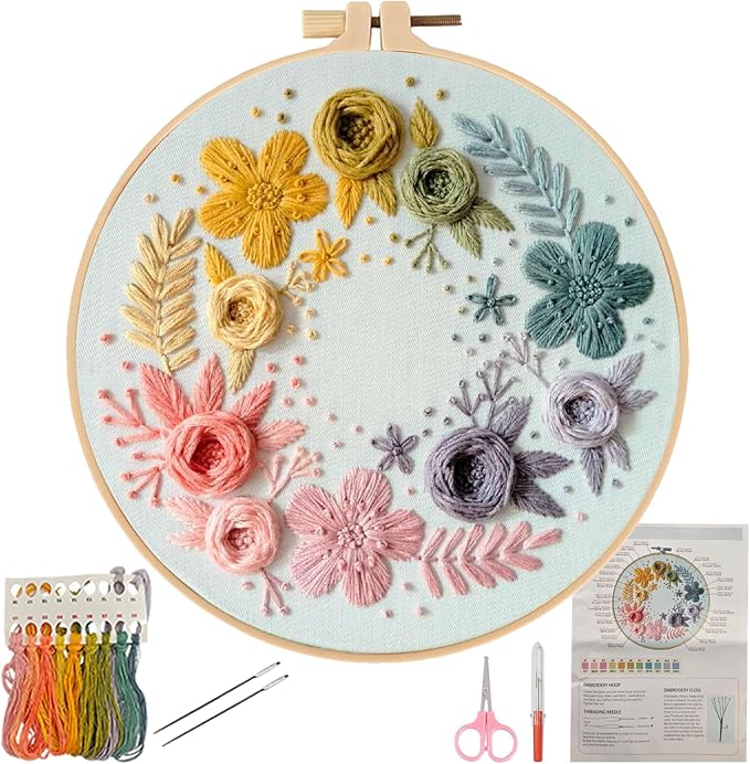 Herdiese Embroidery Kit for Beginners & Adults with Flower Pattern | Stamped Cross Stitch Kit Including Fabric, Hoop, Threads, Needles & Instructions, Complete DIY Hand Sewing Craft Set