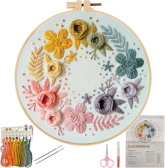 Herdiese Embroidery Kit for Beginners & Adults with Flower Pattern | Stamped Cross Stitch Kit Including Fabric, Hoop, Threads, Needles & Instructions, Complete DIY Hand Sewing Craft Set