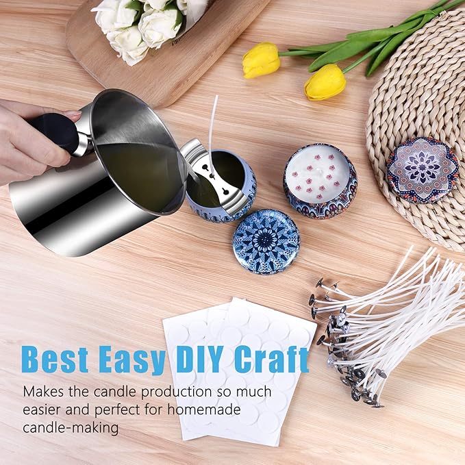 DINGPAI Candle Making Supplies, Candle Make Pouring Pot, Wicks & Soy Wax | 304 Stainless Steel Melting pot & Spoon, Candle Wicks, Sticker and Wicks Holder, 1LB Natural Soy Wax for Candle Making