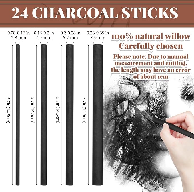 Gueevin 24 Pcs Soft Willow Charcoal Sticks Drawing,2-4mm，4-5mm，5-7mm，7-9mm | For Artists Beginners Students, Vine Charcoal Bulk for Sketching Shading Fine Art, Assorted Sizes, Back to School Gifts