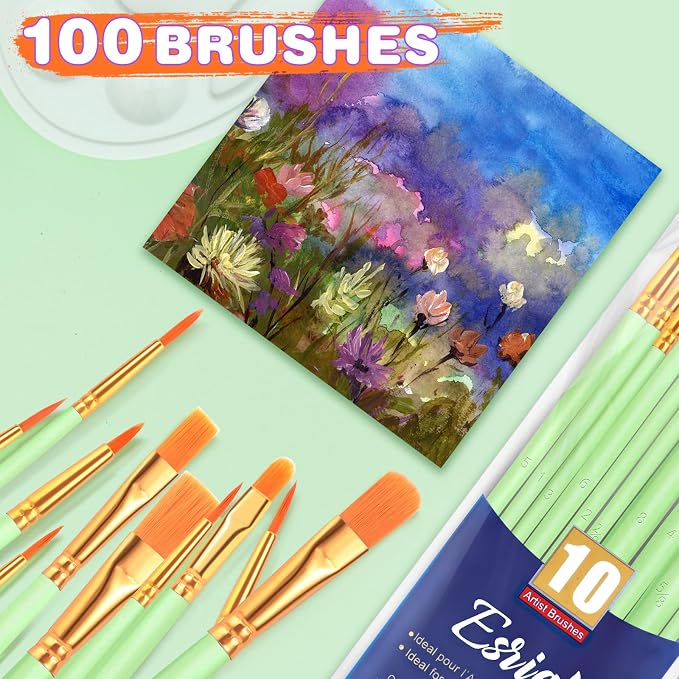 ESRICH 100PCS Paint Brushes, Paint Brush for Acrylic Painting | Artist Paintbrushes for Oil Watercolor, Body Face Rock Canvas, Small Paint Brushes for Kids, Green