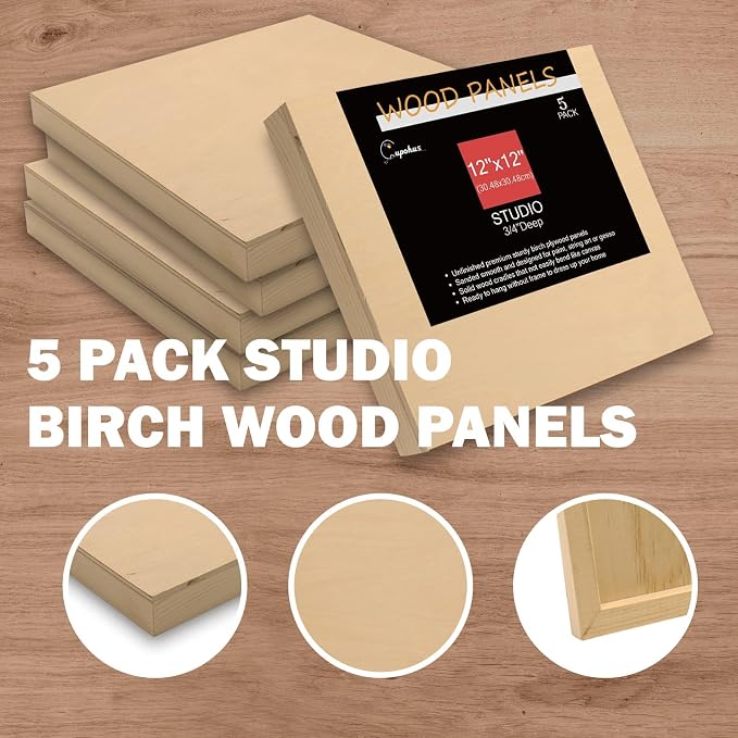 Cupohus 12'' x 12'' 5 Packs Unfinished Wood Canvas Panels for Painting