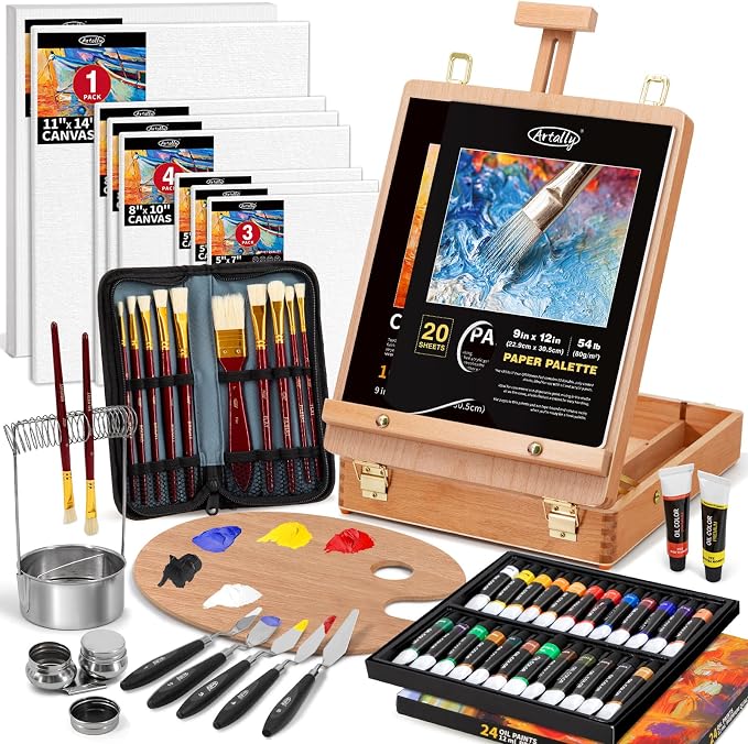 82Pcs Professional Oil Painting Set with Easel Box, 24 Rich Oil Colors & 10 Hog Brushes,Palette Knives, Canvases Complete Art Supplies Kit for Beginners & Artists