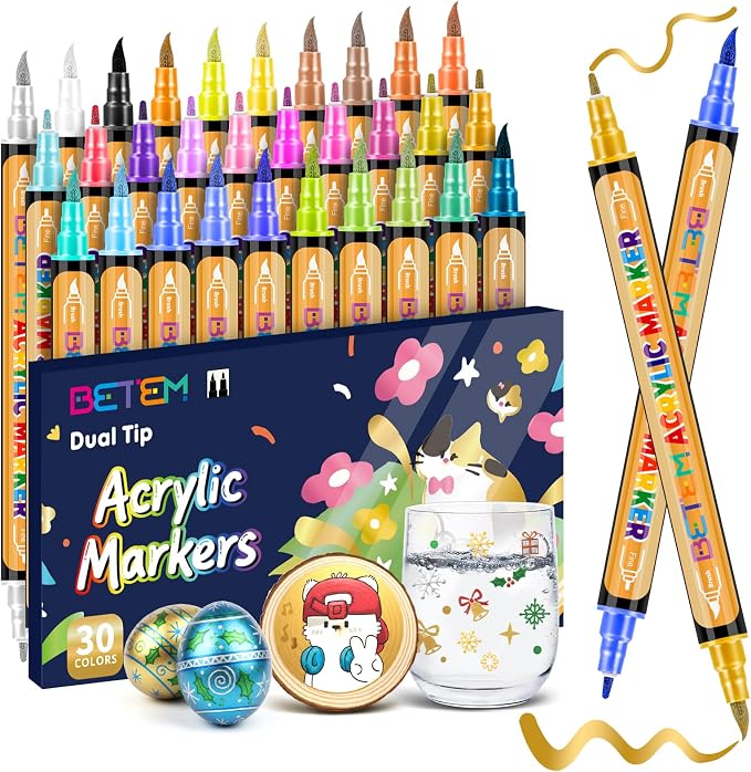 Betem 30 Metallic Paint Markers for Glass, Dual Tip Acrylic Paint Pens | Window, Fabric, Wood, Rock, Canvas, Acrylic Markers with Fine & Brush Tip, Art & Craft Supplies, Wine Glass Markers