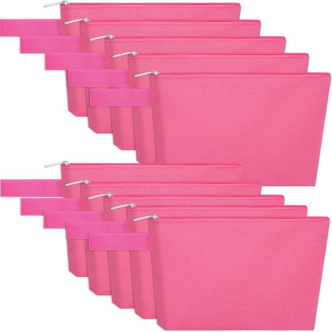 10 Pieces Cotton Canvas Makeup Bag with Bottom and Strap, Multi-Purpose Cosmetic Bag with Zipper Travel Toiletry Pouch, Blank DIY Craft Bag (Hot Pink, L)