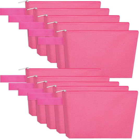10 Pieces Cotton Canvas Makeup Bag with Bottom and Strap, Multi-Purpose Cosmetic Bag with Zipper Travel Toiletry Pouch, Blank DIY Craft Bag (Hot Pink, L)