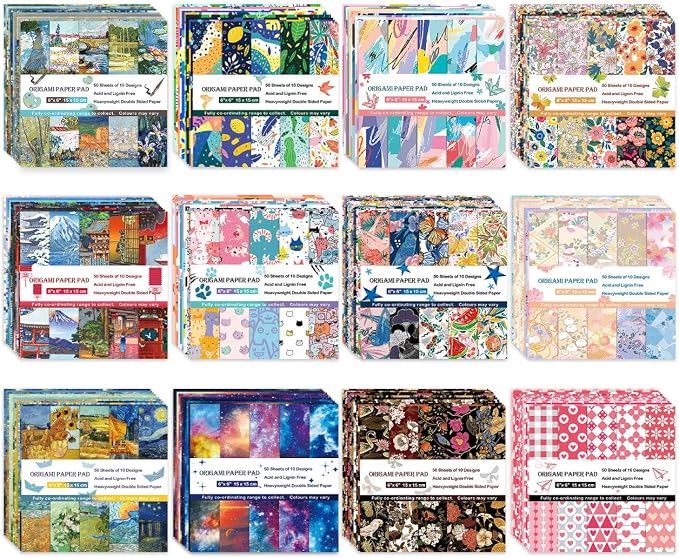 12 Different Packs Full Collection Origami Paper, 6-Inch Double Sided Color | 70GSM Colorful Paper,Various Pattern Origami Set,DIY Hand Crafts Kit,Arts Creativity,Easy to Fold,No-Fading.