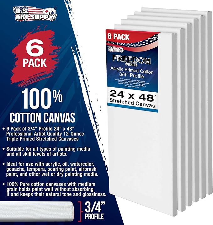 U.S. Art Supply 24"x48" Stretched Canvas for Painting, 3/4" Profile, 6-Pack