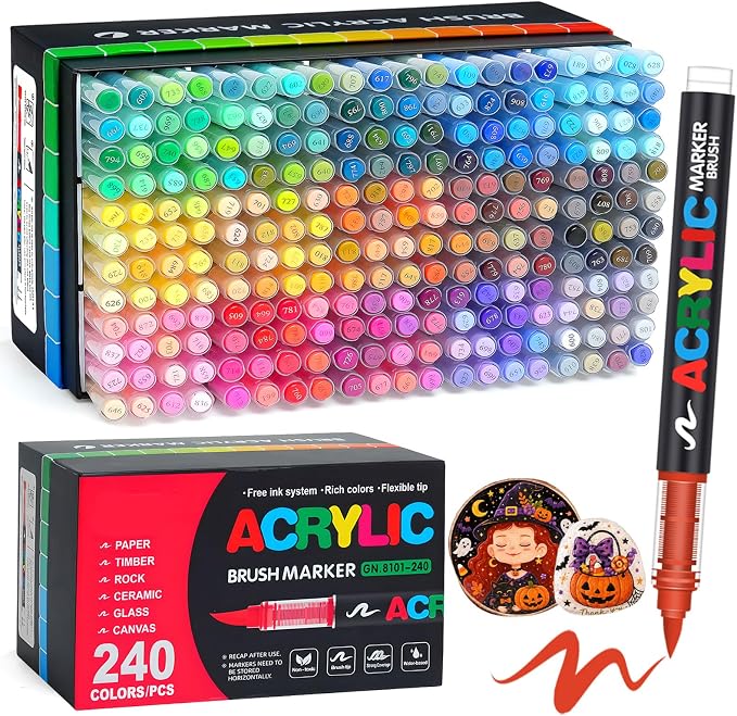 Amamao 240 Colors Soft Brush Tip Acrylic Paint Markers for Rock Painting