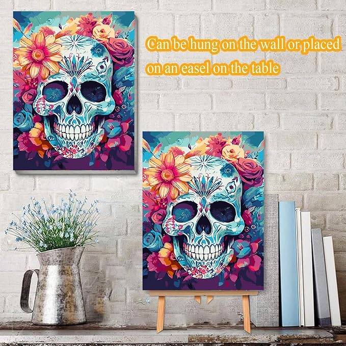 Meothan Framed Paint by Numbers Kits for Adults 12x16in with Wooden Easel | Skull Paint by Number on Canvas, DIY Skull Flowers Acrylic Oil Painting Kits with Brushes for Home Wall Decor (30x40cm)
