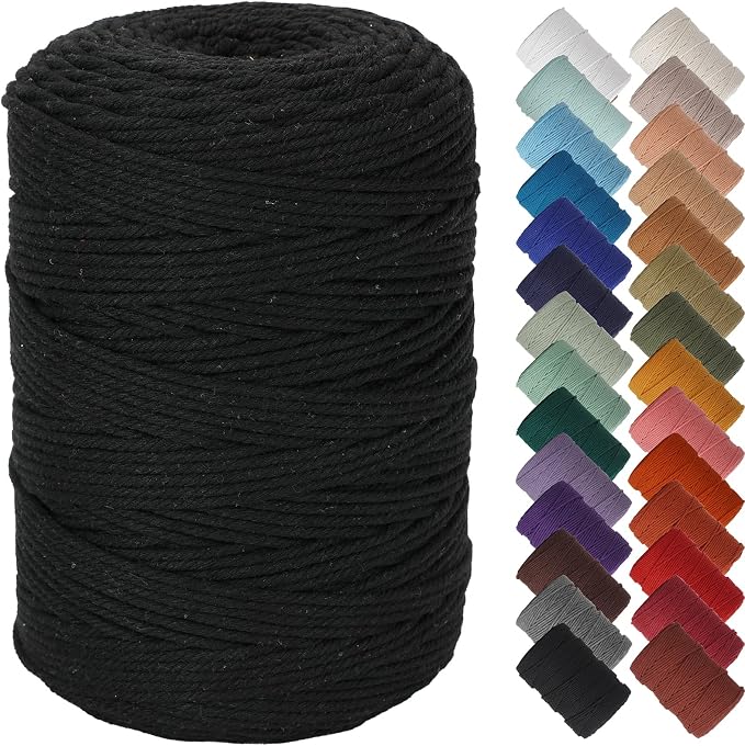 NOANTA Black Macrame Cord 3mm x 328yards, Colored Cotton Rope Macrame Yarn | Macrame Rope Supplies, 3 Strand Twisted Cotton Yarn String, Cotton Cord for Wall Hanging, Plant Hangers, Crafts, Knitting