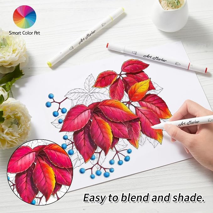 Smart Color Art Markers, 65 Coloring Markers and 1 Blender, 66 Pack Alcohol Based Dual Tip Permanent Markers Highlighters with Case, Excellent for Adults Kids Coloring Marking Drawing Sketching