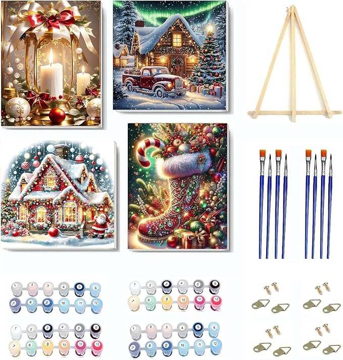 4 pack Christmas Paint by Numbers Kit for Adults Beginner with framed | Winter Easy Adult Paint by Number Kits on Canvas DIY Painting for Beginners Art by Numbers for Home Wall Decor 10x12 Inchh