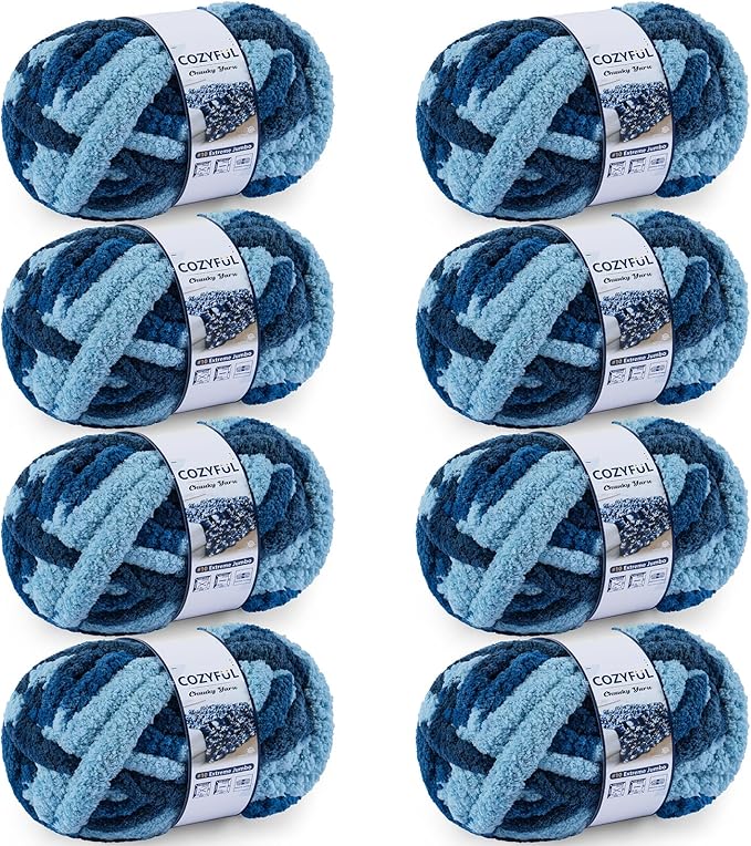 Cozyful Chunky Yarn for Hand Knitting - #10 Chunky Chenille Blanket Yarn, Jumbo Big Thick Chunky Yarns for Crocheting, Tie Dye Bulky Knit Yarns, 8 Skein (20 yds 8 oz Each Skein), Navy & Multi Blue