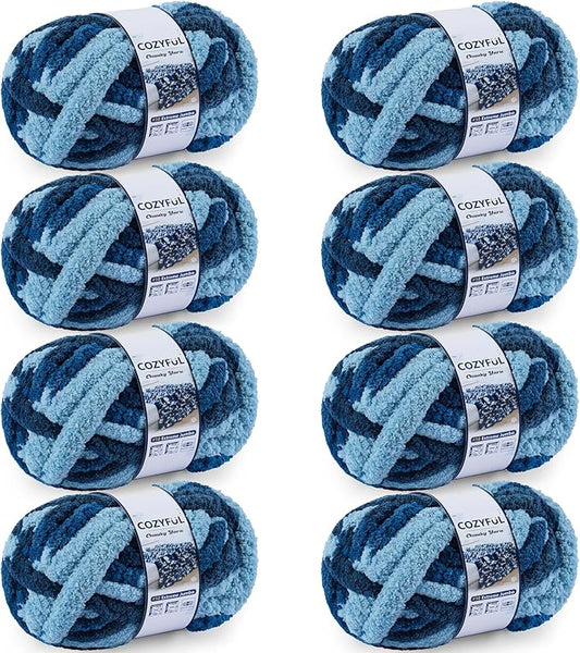 Cozyful Chunky Yarn for Hand Knitting - #10 Chunky Chenille Blanket Yarn, Jumbo Big Thick Chunky Yarns for Crocheting, Tie Dye Bulky Knit Yarns, 8 Skein (20 yds 8 oz Each Skein), Navy & Multi Blue