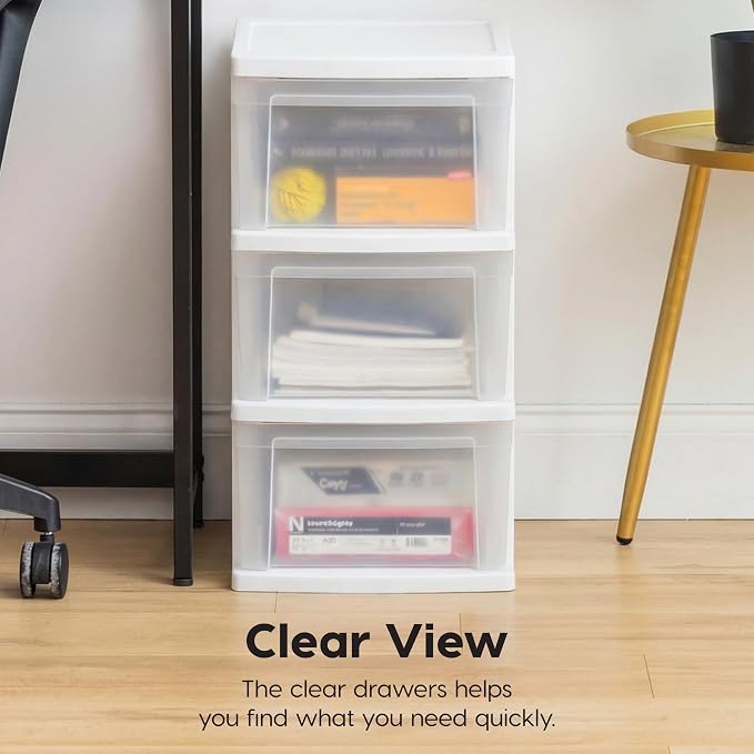 IRIS USA 3-Drawer Slim Narrow Storage Organizer, 2-Pack, White/Clear