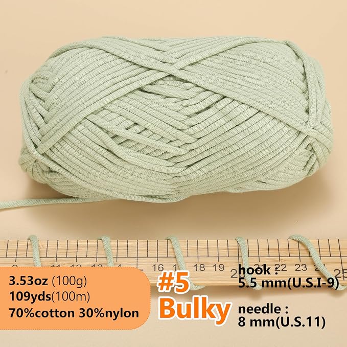 LUCKY BALL Yarn for Crocheting, 100g / 109 yd 70% Cotton 30% Nylon #5 Bulky Tube Yarn, Soft Crochet & Knitting Yarn for Bags, Hats, Socks, Sweaters, Blankets (Cabbage Green)