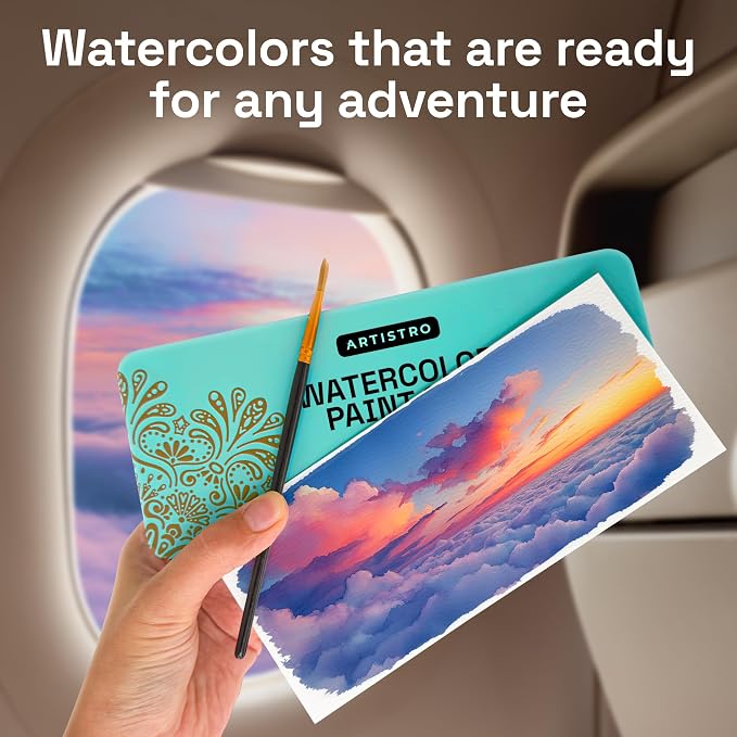 ARTISTRO Watercolor Paint Set - Travel Art Kit - 50 Colors | Professional Watercolor Paints - Portable Metal Case - Complete Painting Kit With Set Of Brushes - For Adults, Artists & Kids