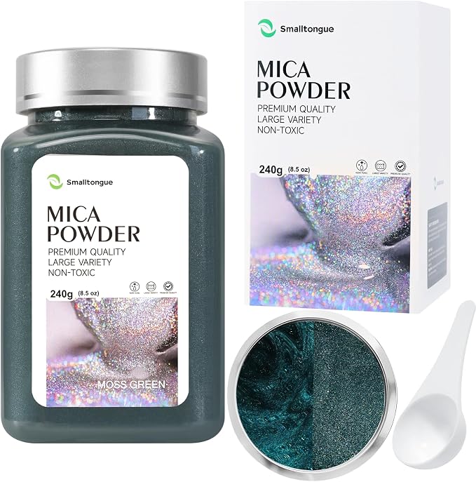 Mica Powder, Moss Green, 240g with Scoop, Complies with ASTM D-4236 | For Epoxy Resin, Soap, Bath Bomb, Candle| Safety Material| Odorless| Brilliant Colors