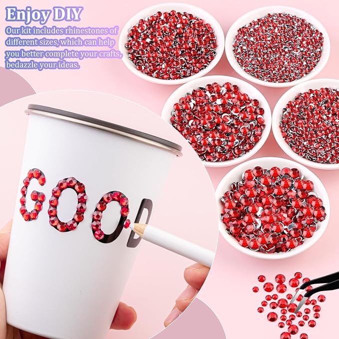 30000Pcs Resin Rhinestones for Bedazzling with Tweezers, Red Rhinestones for Crafting with 3Pcs 10ml B7000 Jewelry Glue for DIY Crafts Clothing Tumblers Shoes Fabric Nail Art