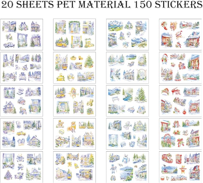PET Winter Landscape Stickers 20 Sheets 150 Pre-Cut Stickers for Scrapbooking Scrapbook Supplies Transparent Sticker for journaling