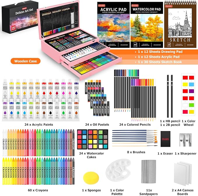 Soucolor 192-Pack Deluxe Art Supplies,Drawing Painting Sets,Teen Girl Gifts | Art Supplies for Kids 4-12, Acrylic Pad, Watercolor Book and Sketch Book,Canvases, Brushes,Cute Preppy Stuff Birthday Gifts