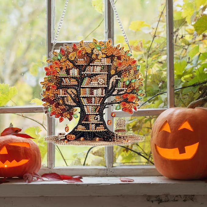 Bowetile Fall Diamond Art Hanging Kits for Adults, Tree of Books Diamond Art Suncatchers Maple Leaf, 5D Special Shape Autumn Diamond Painting Pendant Window Ornament for Home Wall Decor