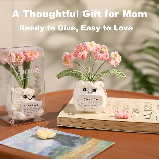 Crochet Forget Me Not Gift for Mom – Mothers Day Gifts from Daughter Son, Handmade Pink Flower Pot with Card “to My Mom”, Cute Desk Decor, Ready-to-Gift with Clear Box