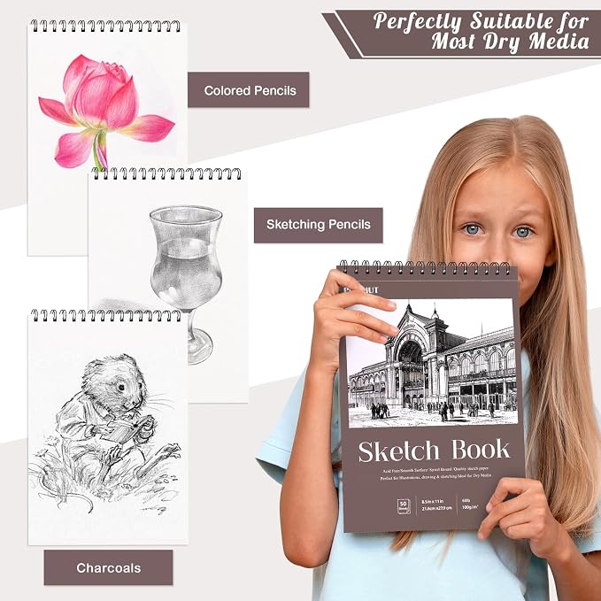 8.5 × 11 Sketch Book, Spiral Bound, 50 Sheets, Acid-Free Drawing Pad | 68lb/100gsm Paper, Perforated Pages, 360° Spiral Binding, Hard Backing, for Pencil, Charcoal, Pastel & Back To School Gifts
